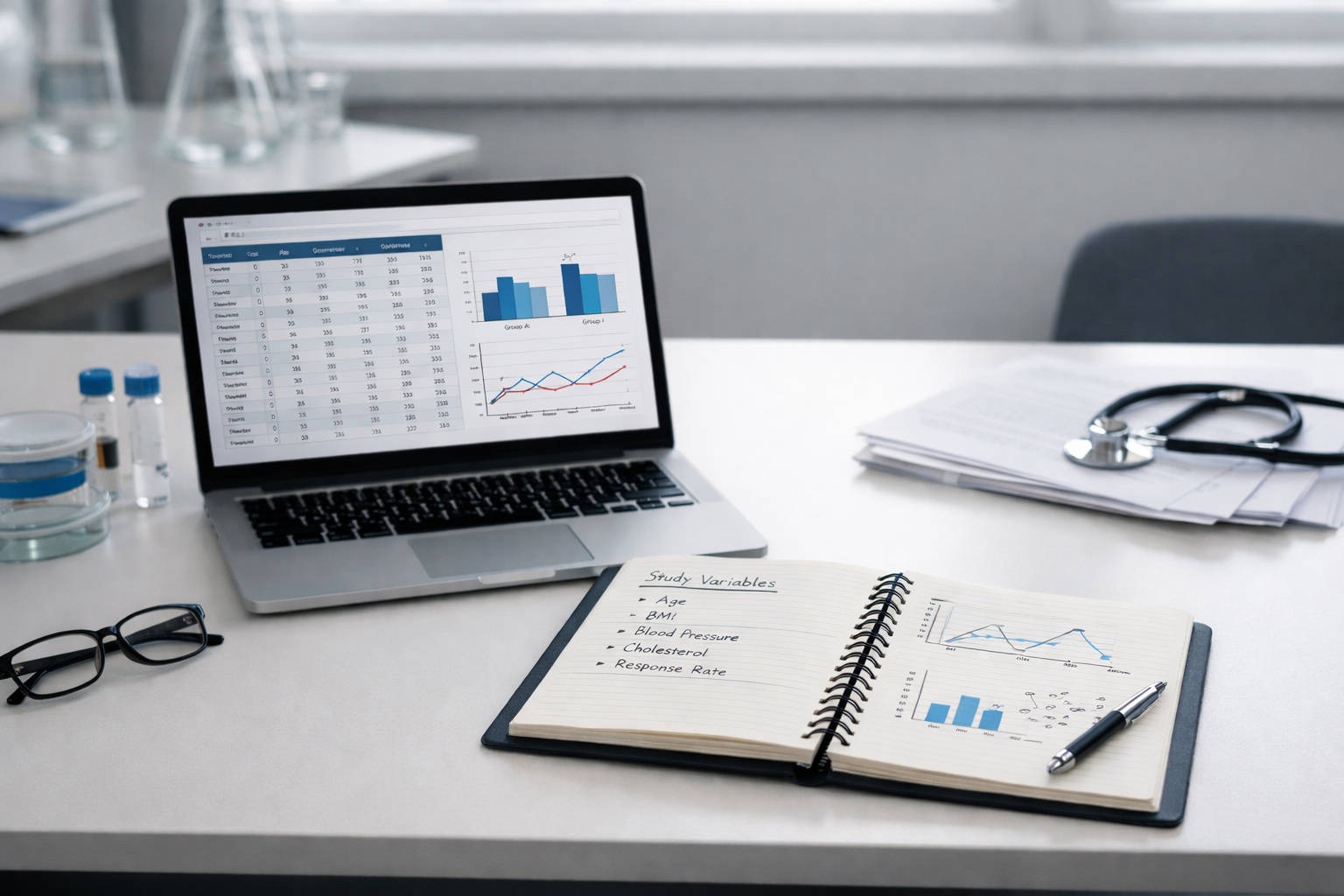 Minimalist medical research desk with a laptop showing data charts and a notebook of study variables under soft natural light.